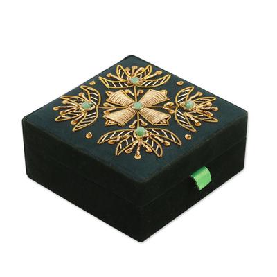 Forest Glamour,'Floral Beaded Jewelry Box in Forest Green from India'