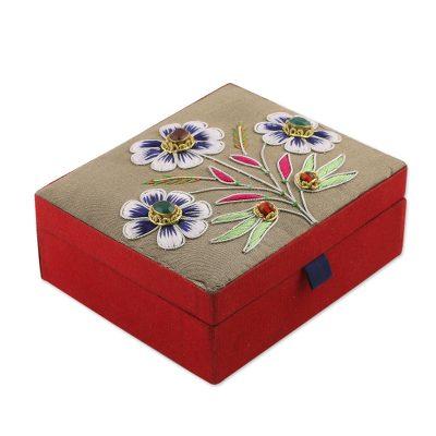 Noble Flowers,'Cotton Jewelry Box in Taupe with Beaded Floral Motifs'