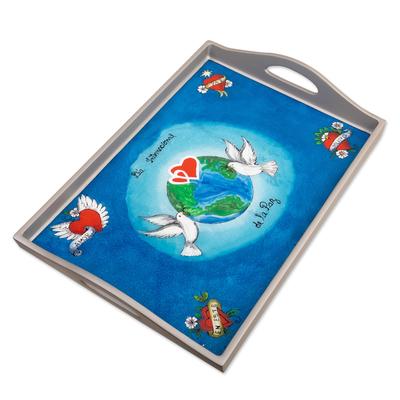 'Handcrafted Peace Reverse-Painted Glass Tray in Blue'