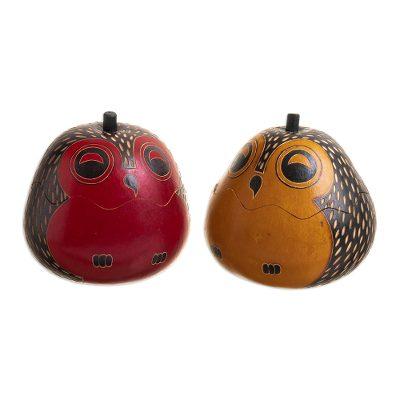 Singing Owls,'Decorative Owl Figures of Dried Mate Gourds from Peru (Pair)'