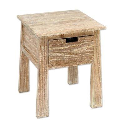 Craftsman in White,'Handcrafted Teak Wood One Drawer Whitewashed Accent Table'