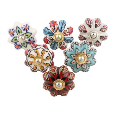 Bohemian Bouquet,'Six Unique Colorful Ceramic Flower Knobs'