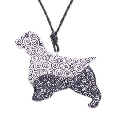 Spiral Dog,'Ceramic Dog Pendant Necklace with Painted Spiral Motifs'