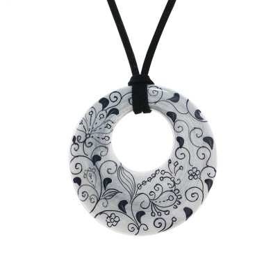 Flower Lines,'Ceramic Handmade Floral Black and White Pendant Necklace'