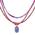 Joyful Jumble,'Many Strands Blue and Red Wood Cotton Brass Pendant Necklace'
