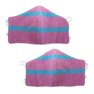 Zapotec Dawn,'2 Handwoven Lilac and Teal Cotton Headband Face Masks'