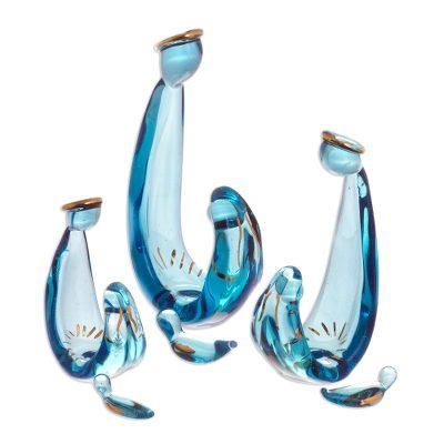 Gleaming Celebration in Blue,'Blue Glass Nativity Figurines from Peru (6 Piece)'