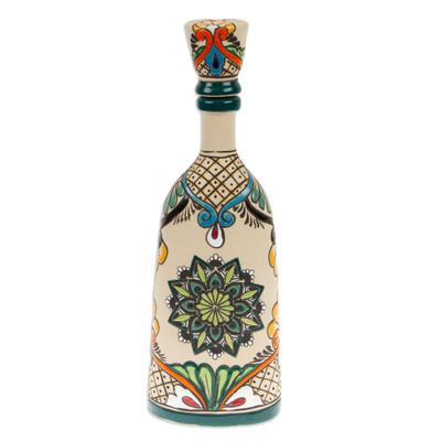 'Mandala and Floral-Themed Painted Green Ceramic Decanter'