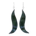Lithe Leaves in Green,'Wavy Leather Dangle Earrings in Green from Thailand'