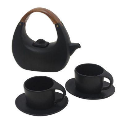 Resting Cloud in Black,'Balinese Matte Black Ceramic Tea Set with Teak Handle'