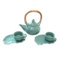 Warm Tea in Teal,'Handmade Ceramic and Bamboo Tea Set for Two (5 Pcs)'