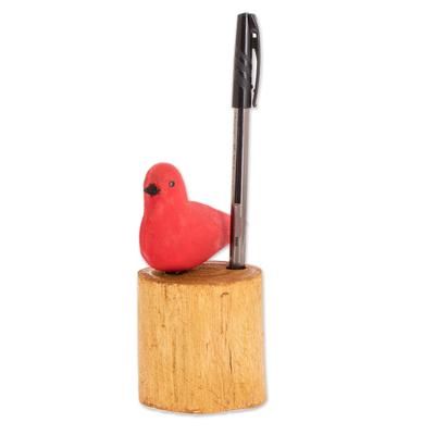 Red Summer Tanager,'Hand Carved Summer Tanager Bird Balsa Wood Pencil Holder'