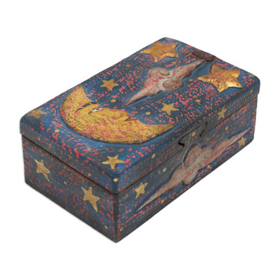 'Hand-Painted Suar Wood Decorative Box with Night Scene'