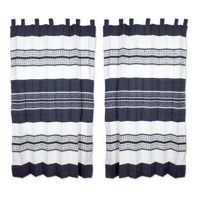 Blue Ice,'Blue and White Handwoven Cotton Curtains from Oaxaca (Pair)'