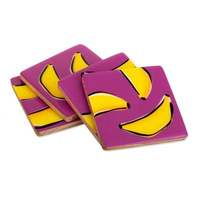 Happy Bananas,'4 Banana-Themed Wood Coasters Hand-...