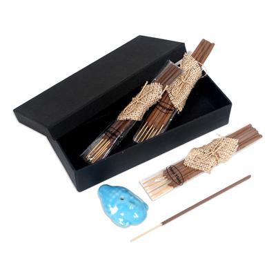 'Buddha-Themed Blue Ceramic Incense Set with 18 Sticks'