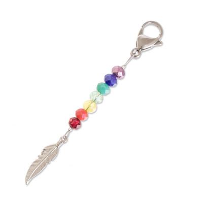 Chakra Feather,'Handcrafted Crystal Beaded Key Chain with Pewter Charm'