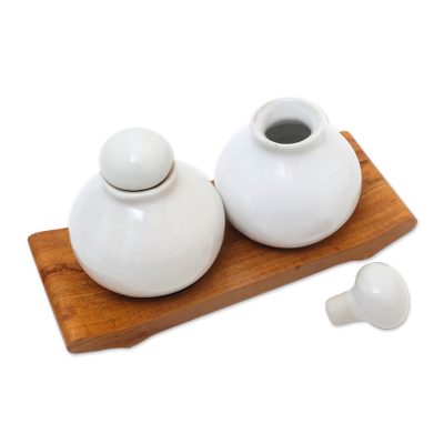 Splendid Bath in White,'Hand Crafted White Ceramic and Teak Wood Bathroom Set'