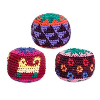 Geometric Sweetness,'Set of 3 Knit Colorful Cotton Hacky Sacks from Guatemala'