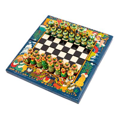 Teal Bukhara Folklore,'Handcrafted Painted Walnut Wood Chess Set in Teal'