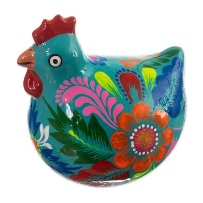'Hand-Painted Classic Floral Ceramic Hen Figurine in Teal'