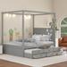 Canopy Bed with Queen Size Trundle & 3 Storage Drawers, with Headboard, Slat Support Modern 4 Poster Bed for Kids, Grey