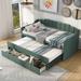 Twin Size Linen Upholstered Daybed with Trundle Bed and Three Storage Drawers & Upholstered Backrests