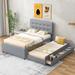 Platform Bed with Pull-Out Trundle & 3 Drawers, Upholstered Bed Frame with Headboard, Wood Storage Bed