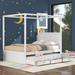 Canopy Bed with Queen Size Trundle & 3 Storage Drawers, with Headboard, Slat Support Modern 4 Poster Bed for Kids, White