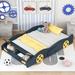 Full Size Wood Frame Platform Bed, Race Car-Shaped Design and Yellow Wheel Decoration with Wheels and Storage