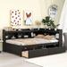 Full Size Day Bed with L-Shaped Bookcases and 2-Drawers, Wood Full Size Day Bed Frame for Bedroom, Espresso