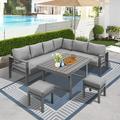 CozyHom Outdoor Patio Aluminum Furniture Sofa Set Metal Outside Patio Furniture Conversation Sets with Dining Table&2 Ottomans Sectional Sofa Couch Seating Set with Cushion Gray