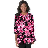 Plus Size Women's Stretch Knit Swing Tunic by Jessica London in Cherry Red Floral Print (Size 18/20) Long Loose 3/4 Sleeve Shirt