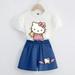 Sanrios Kawaii Anime Hello Kitty Cute Cartoon Kids Short Sleeve T-shirt New Summer Bubble Sleeve Denim Shorts Set Birthday Gift