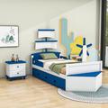 Longshore Tides Asjad 3 Pieces Bedroom Sets Twin Boat-Shaped Platform Bed w/ Trundle & 2 Nightstands in Blue | 53 H x 42 W x 92 D in | Wayfair