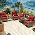 MeetLeisure 6-Piece Wicker Outdoor Conversation Set Including 4 Swivel Rocking Chairs and 2 Wicker Side Table (Natural Color/Red)