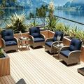 MeetLeisure 6-Piece Wicker Outdoor Patio Conversation Sets with 4 Swivel Rattan Wicker Rocking Chairs and 2 Glass Side Table for Backyard& Lawn(Natural Color/Blue)
