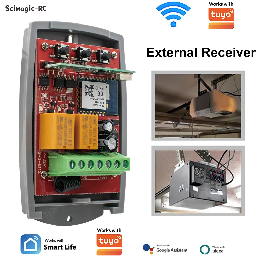 Récepteur externe Wi-Fi pour porte de garage, module de porte 2 canaux 433 MHz, multi-marques, code fixe et code roulant, interrupteur de moteur compatible Tuya