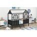 Twin Size Metal Low Loft House Bed with 2 Front Windows, Metal House-Shaped Bedframe with Ladder & Roof, No Box Spring Needed