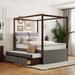 Full Size Upholstered Canopy Bed with Trundle and 3 Drawers, Grey