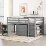 Full Size Low Loft Bed,Multifunctional Loft Bed with Cabinet ,Shelves and Rolling Desk,Grey