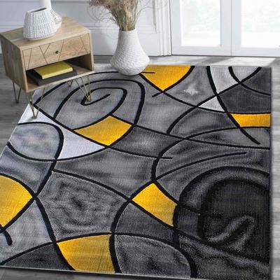 HR Yellow/Grey/Silver/Black/Abstract Area Rug Modern Contemporary Circles and Wavey Swirls Design Pattern