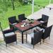 7 PCS Outdoor Patio Wicker Dining Table and Chairs Set, Acacia Wood Tabletop