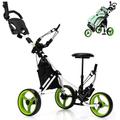 SPOTRAVEL 3 Wheel Golf Push Pull Cart, Folding Golf Trolley with Adjustable Umbrella Holder, Hydraulic Seat, Storage Bag & Beverage Holder, Lightweight Golf Bag Holder (Green)