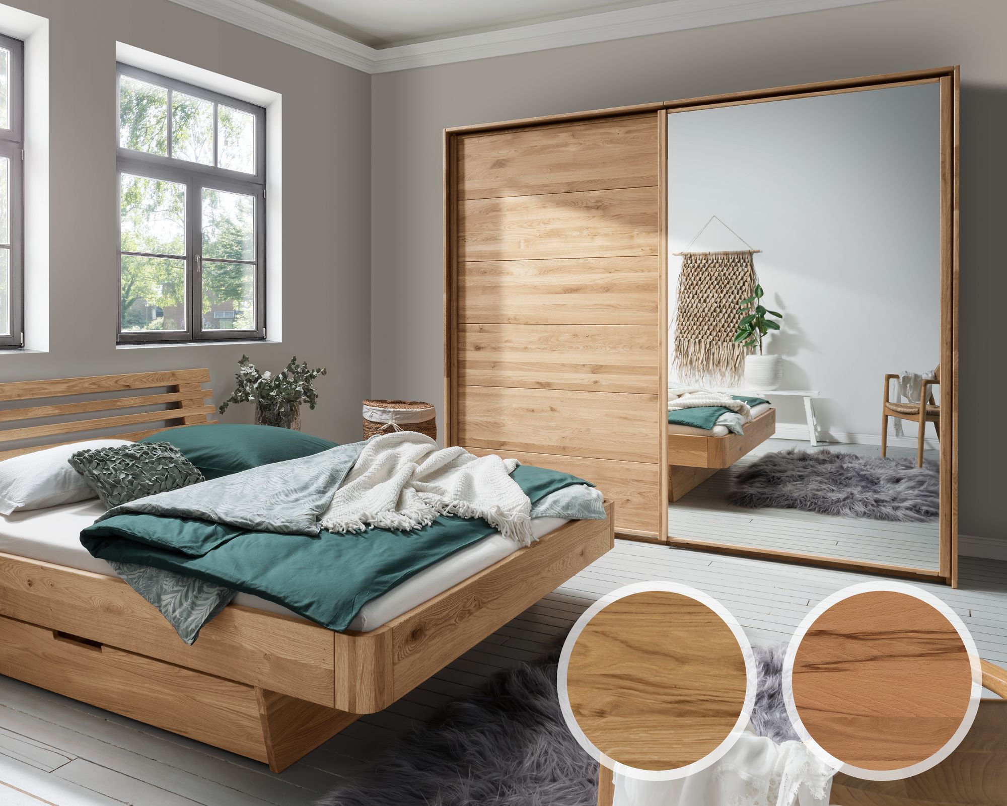 Forestales »Woodside« Schwebetürenschrank 2-türig Holz/Spiegel / 240 cm / Wildeiche / mit Passepartout-Rahmen