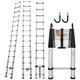 4.4M/14.4FT Multi Tool Telescopic Ladder w/2 Hooks, Loft Ladder Ladders Extendable Step Ladder 15 Step Attic Ladders with Adjustable Step & Rubber Feet, Max Load 150kg, EN131