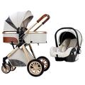 Baby Pram Stroller, 3 in 1 Adjustable High View Baby Strollers Luxury Carriage Bassinet Foldable Prams and Pushchairs with Stroller Rain Cover, Mosquito Net, New Mom Gift (Color : Beige)