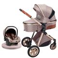 3 in 1 Baby Pram Stroller Travel Pushchair, Foldable High View Lightweight Baby Strollers for Newborn, Toddler Luxury Carriage Bassinett with Rain Cover, Mosquito Net, Mat (Color : Khaki)