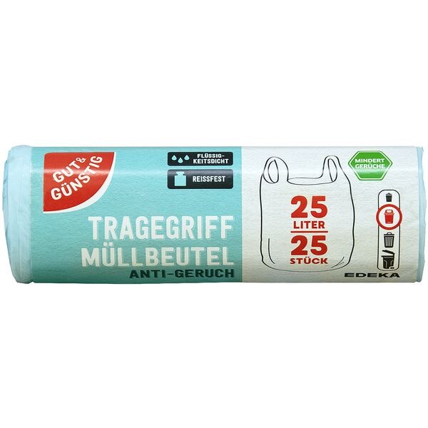Gut & Günstig 25 Müllbeutel Anti Geruch 25 L mit Tragegriff transparent, 53x54 cm