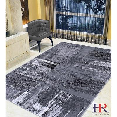 HR Grey, Silver, Black, Abstract Contemporary Design Brush Pattern Rug